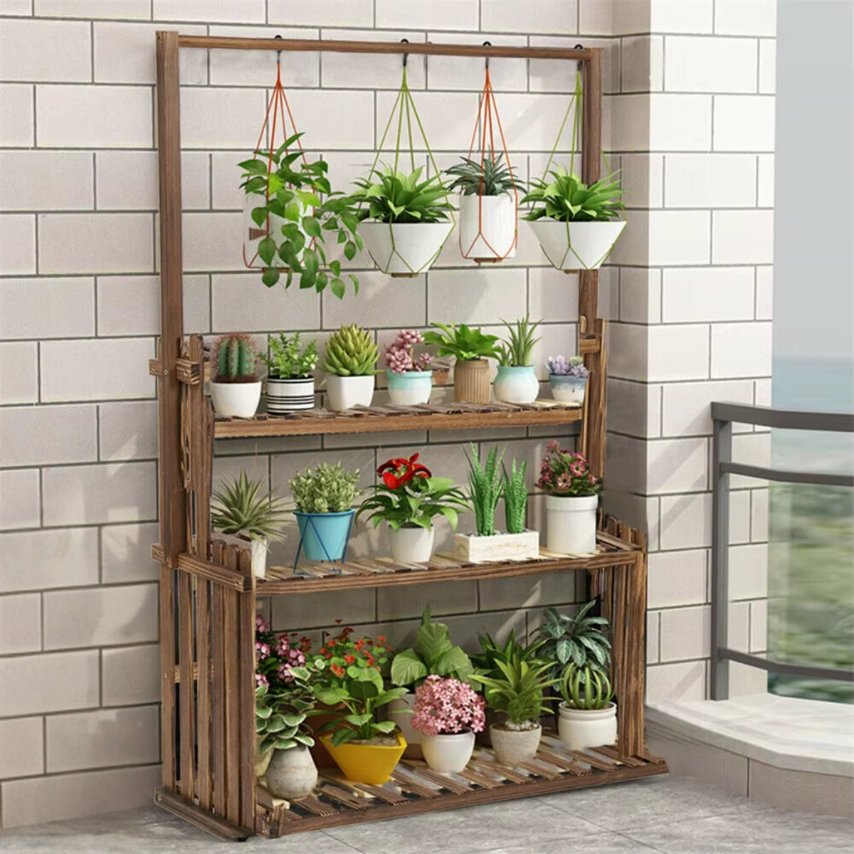 Plantehylde i Træ til Indendørs og Udendørs Brug – 3 Hylder med Hængestang