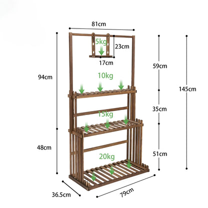 Plantehylde i Træ til Indendørs og Udendørs Brug – 3 Hylder med Hængestang